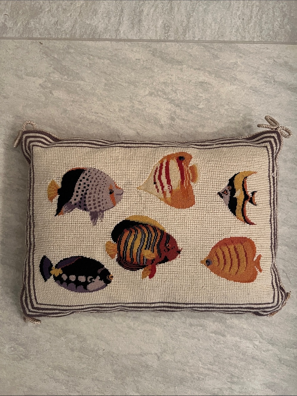 Handcrafted Fish Needlepoint Pillow - Cream with Multicolor Fish